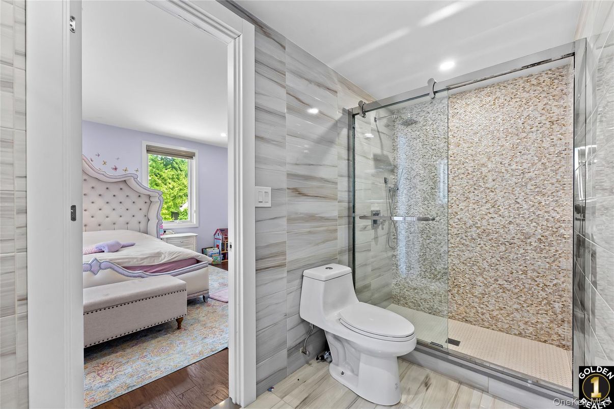 Bathroom, Bedroom, Glass Shower, Interior, Recessed Lighting, Wood Texture Flooring