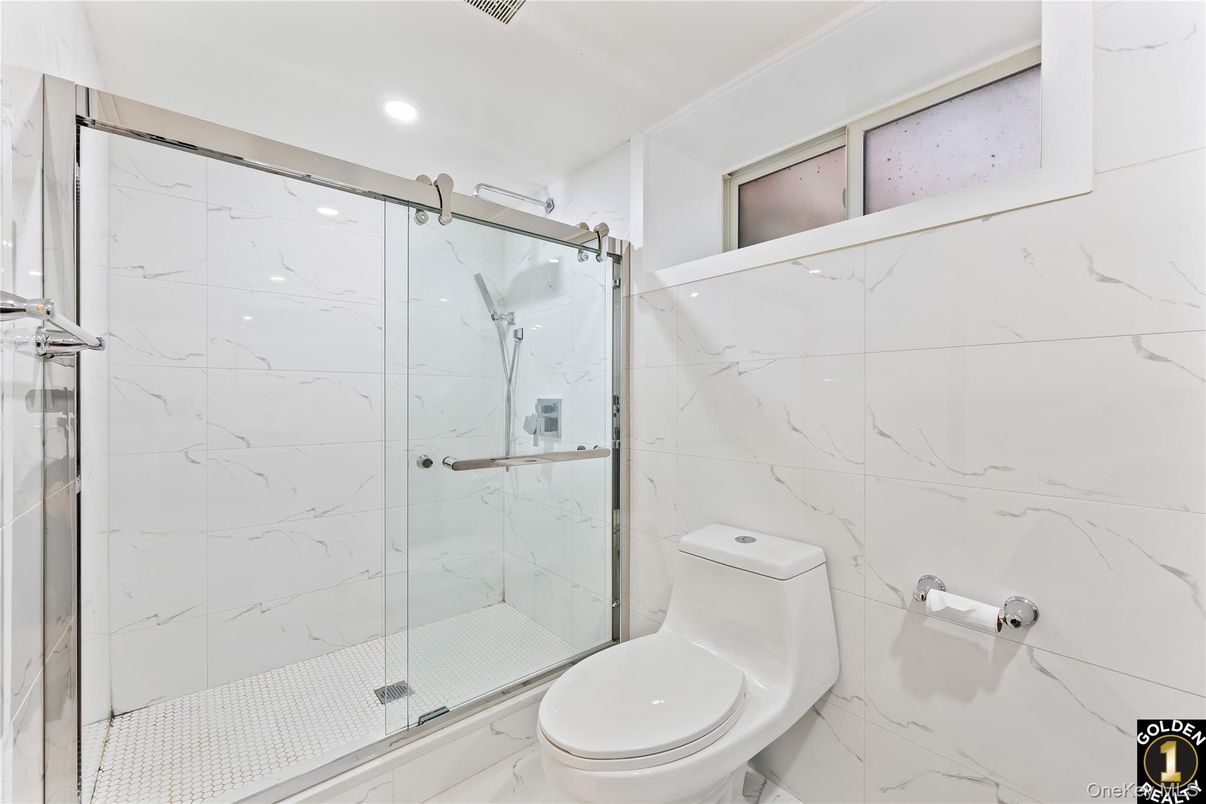 Bathroom, Glass Shower, Interior, Marble Walls, Recessed Lighting