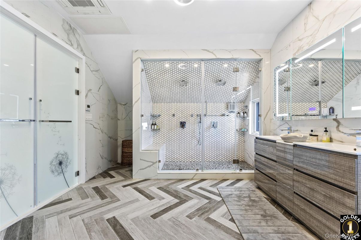 Bathroom, Glass Shower, Interior, Marble Walls, Wood Texture Flooring