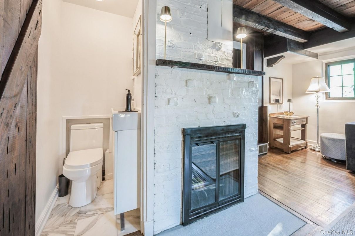 Bathroom, Fireplace, Interior, Stone Walls, Wooden Beams, Wooden Ceilings, Wood Texture Flooring