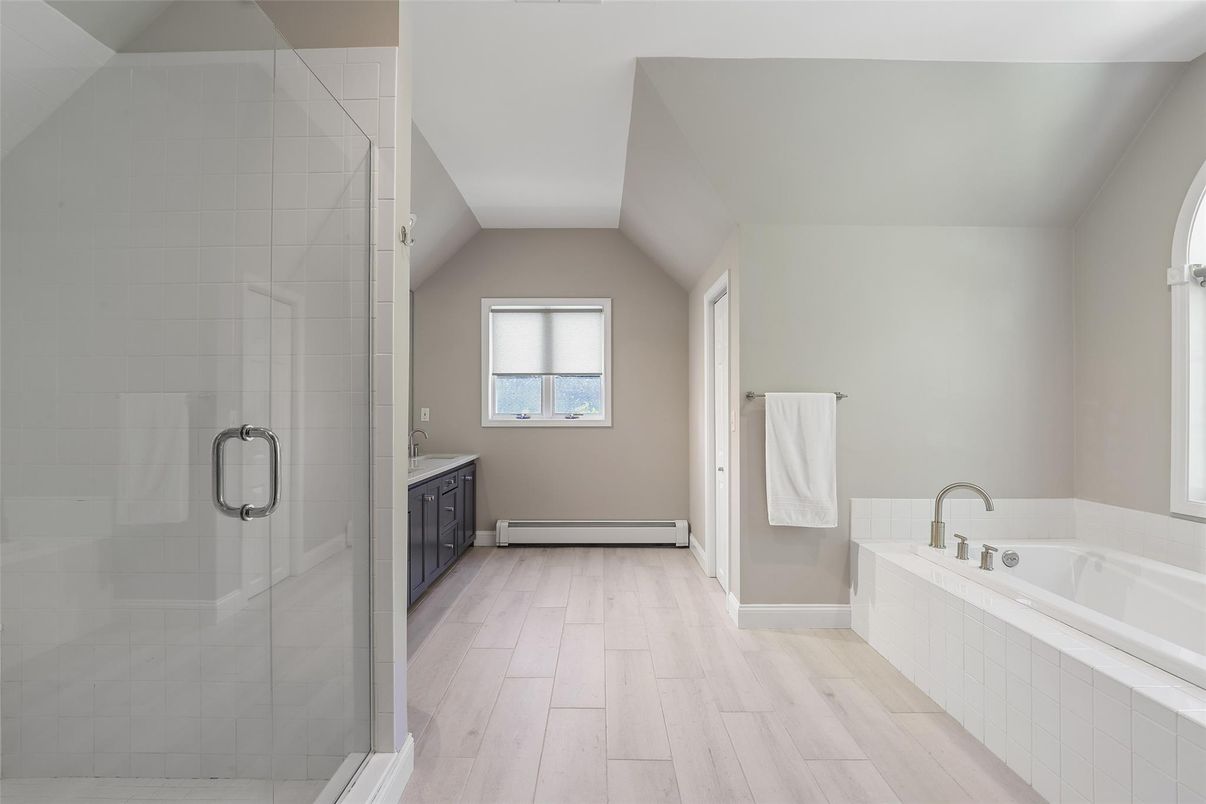 Bathroom, Glass Shower, Interior, Wood Texture Flooring