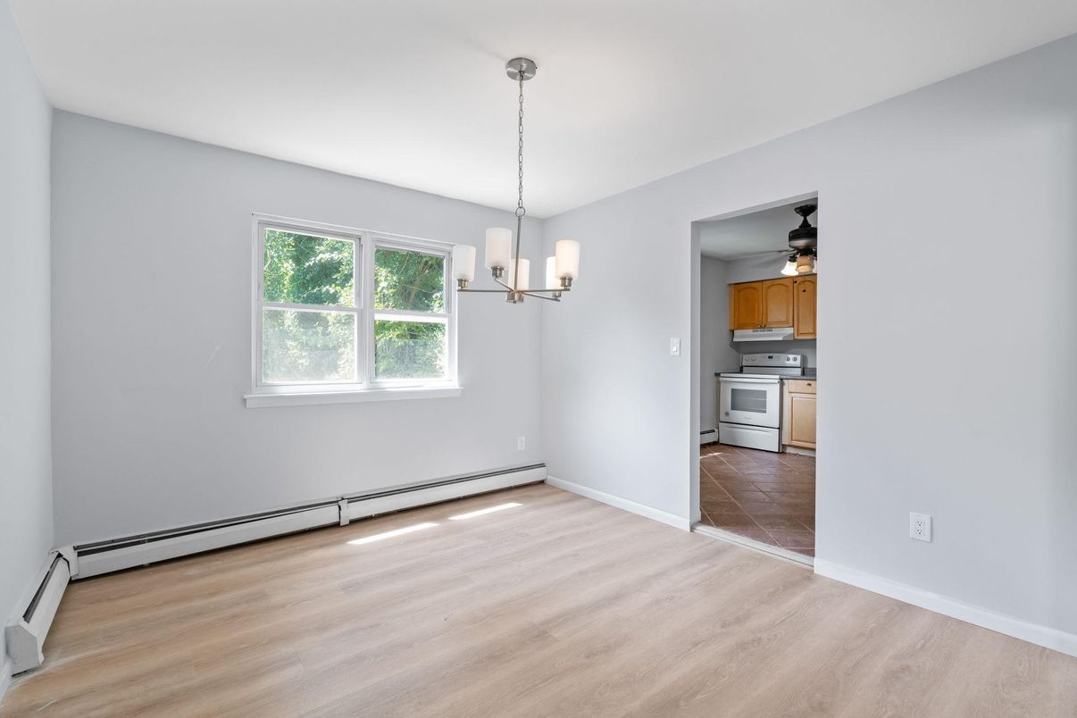 Empty room, Interior, Kitchen, Pendant Lights, Wood Texture Flooring