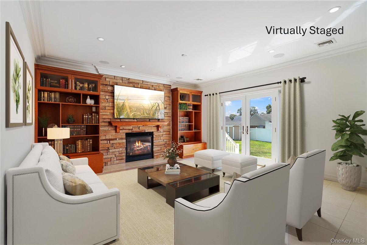 Fireplace, Interior, Living room, Recessed Lighting, Stone Walls