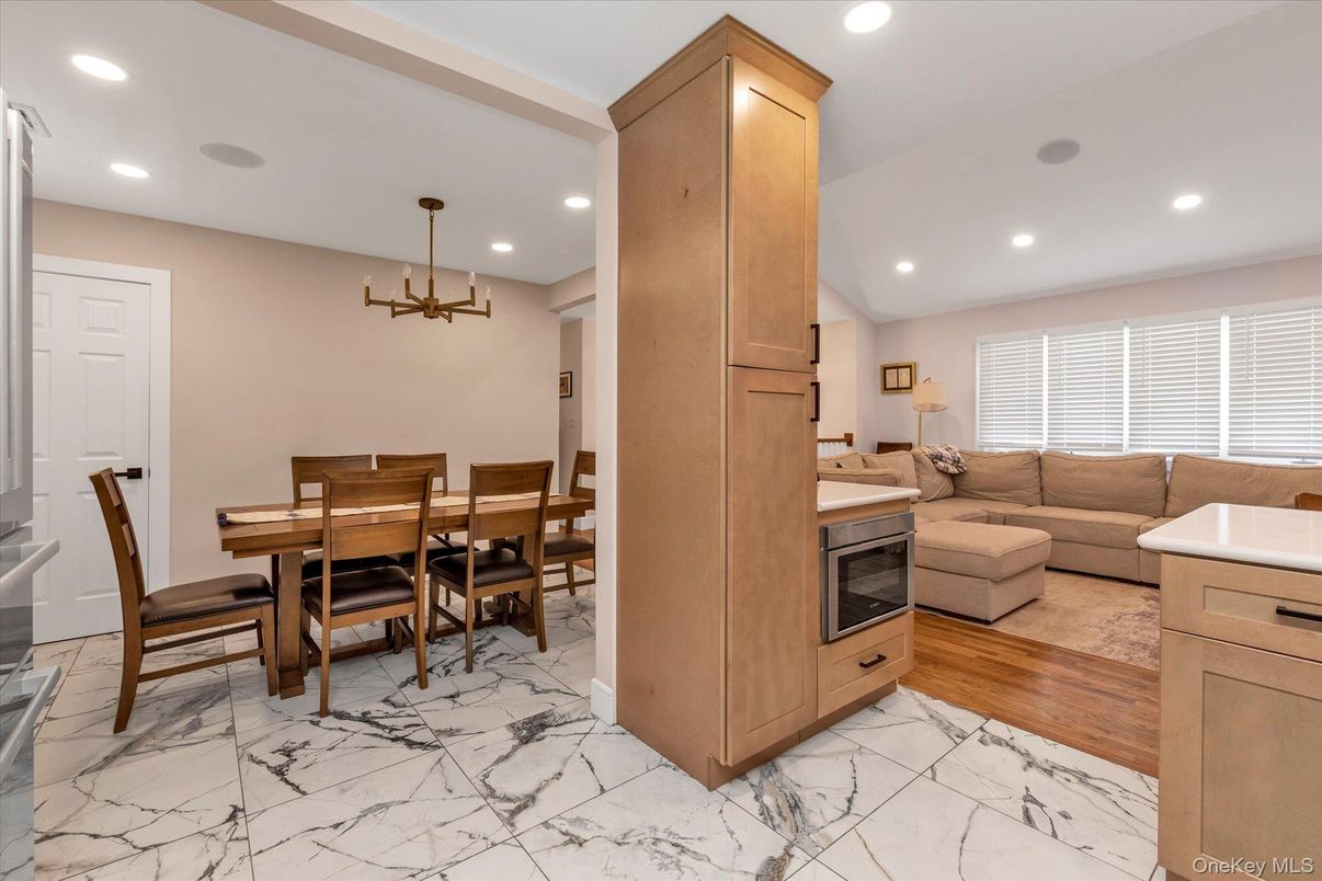 Dining room, Interior, Living room, Marble, Pendant Lights, Recessed Lighting, Wood Texture Flooring