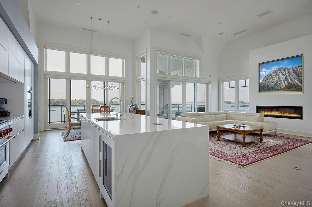 Dining room, Fireplace, Interior, Kitchen, Living room, Pendant Lights, Recessed Lighting, Wood Texture Flooring
