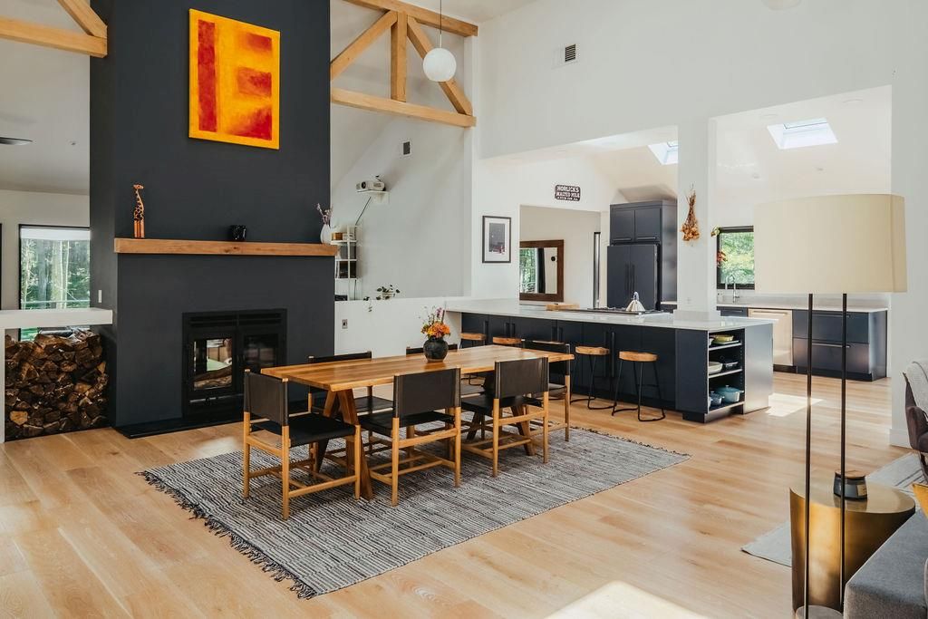 Dining room, Fireplace, Interior, Kitchen, Wood Texture Flooring