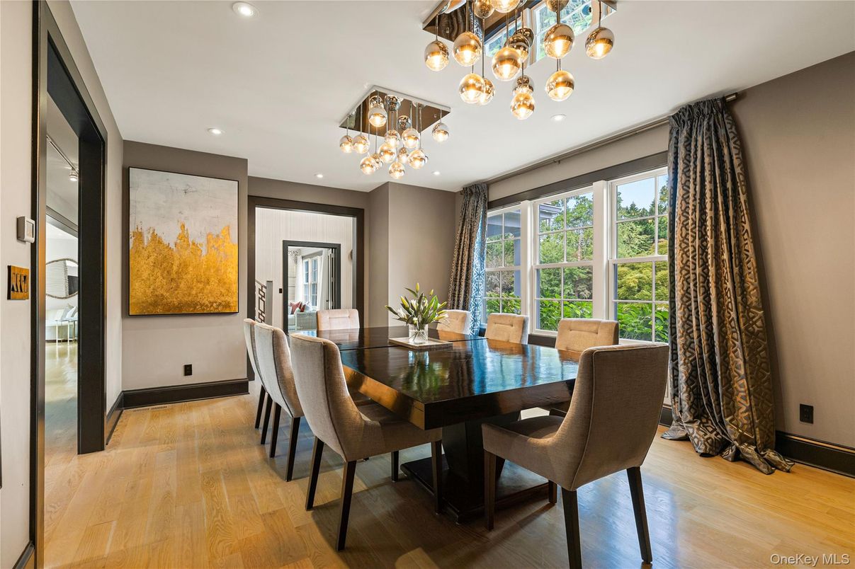 Dining room, Interior, Pendant Lights, Recessed Lighting, Wood Texture Flooring