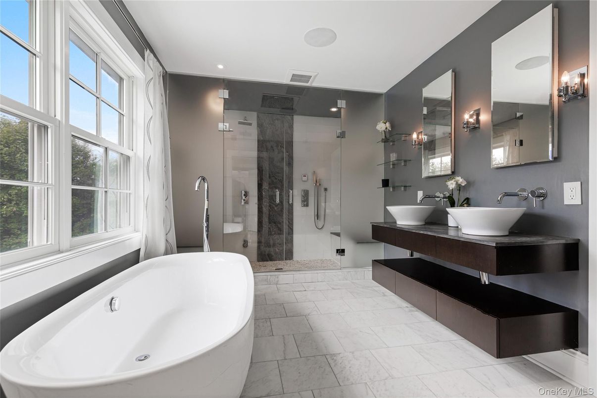 Bathroom, Dual Sink Vanities, Free Standing Baths, Glass Shower, Interior, Marble, Recessed Lighting