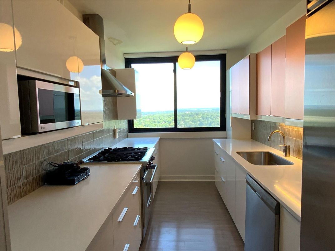 Interior, Kitchen, Pendant Lights, Stainless Steel Appliances, Wood Texture Flooring