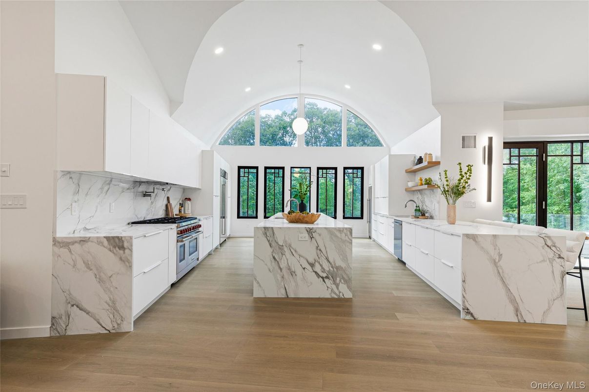 Interior, Kitchen, Marble Walls, Pendant Lights, Recessed Lighting, Wood Texture Flooring
