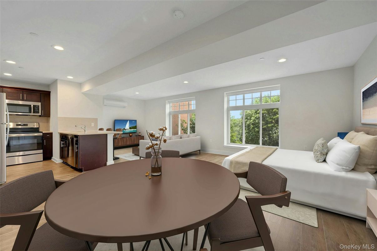 Dining room, Interior, Kitchen, Living room, Recessed Lighting, Stainless Steel Appliances, Wood Texture Flooring