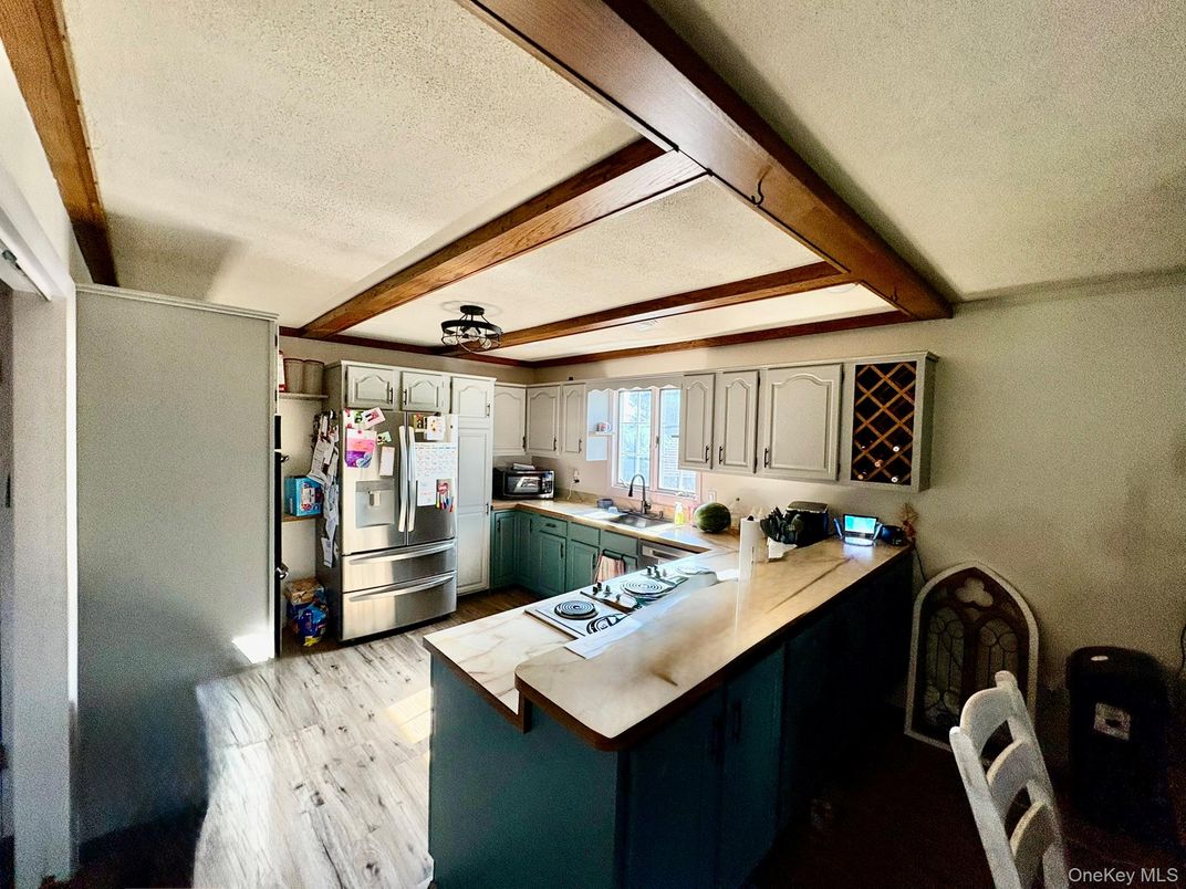 Interior, Kitchen, Stainless Steel Appliances, Wooden Beams, Wood Texture Flooring