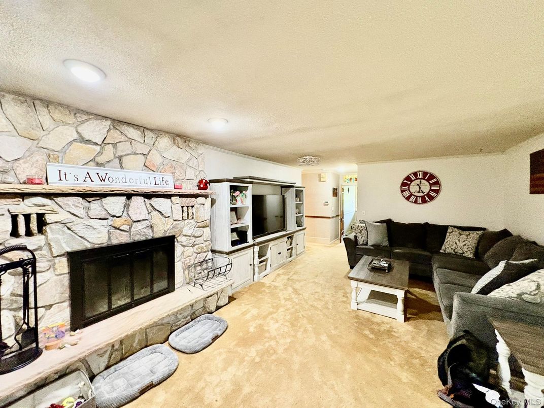 Fireplace, Interior, Living room, Recessed Lighting, Stone Walls