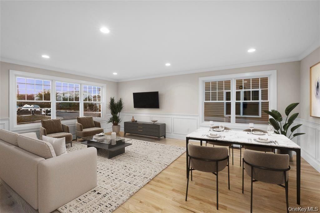 Dining room, Interior, Living room, Recessed Lighting, Wood Texture Flooring