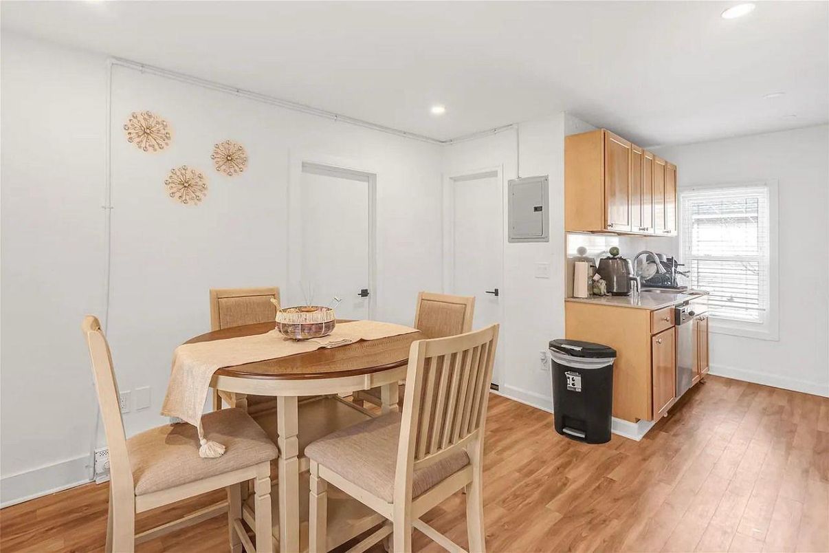 Dining room, Interior, Recessed Lighting, Wood Texture Flooring