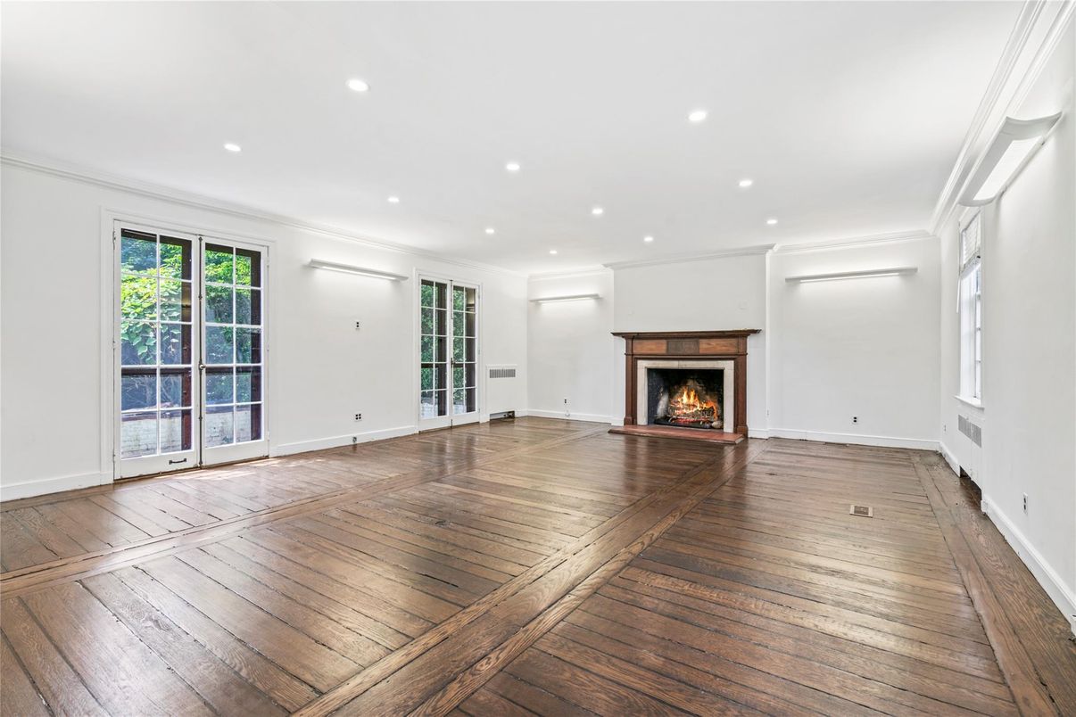 Empty room, Fireplace, Interior, Recessed Lighting, Wood Texture Flooring