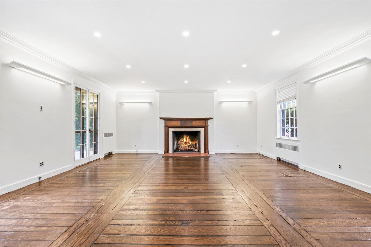 Empty room, Fireplace, Interior, Recessed Lighting, Wood Texture Flooring
