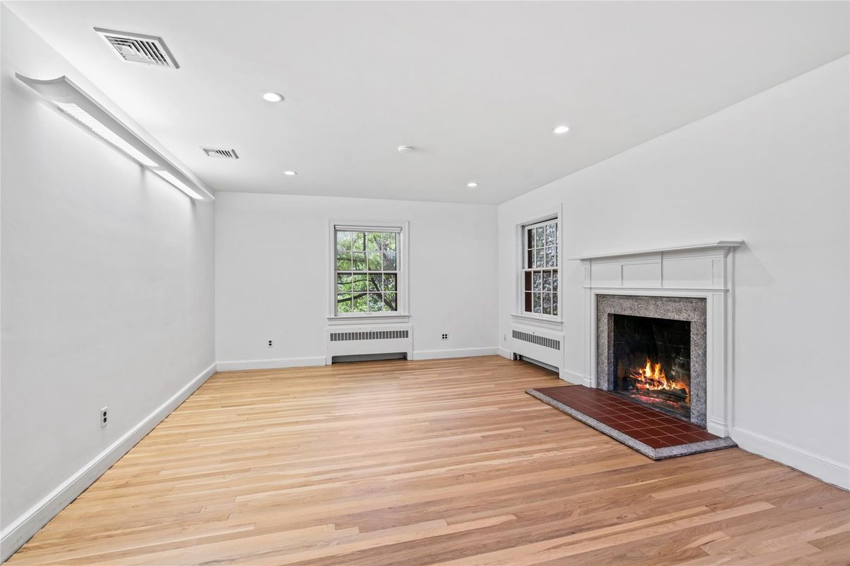 Empty room, Fireplace, Interior, Recessed Lighting, Wood Texture Flooring