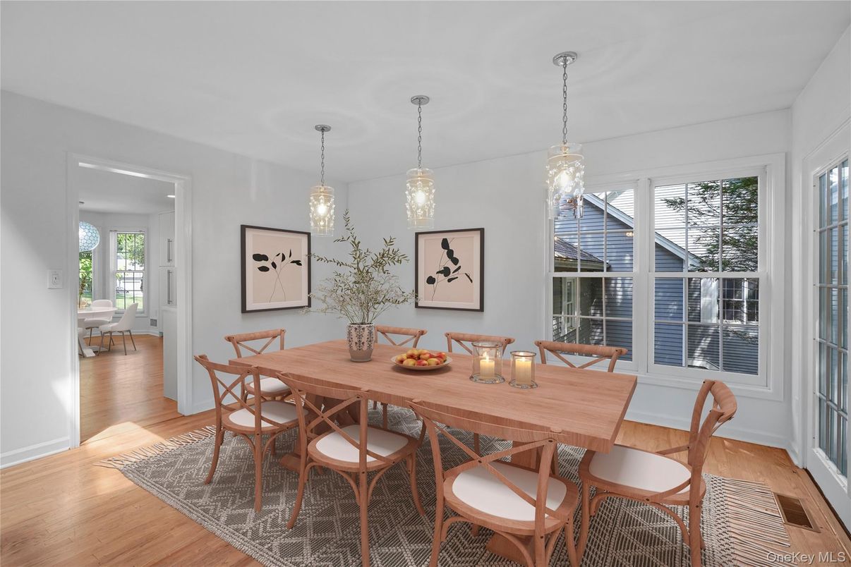 Dining room, Interior, Pendant Lights, Wood Texture Flooring