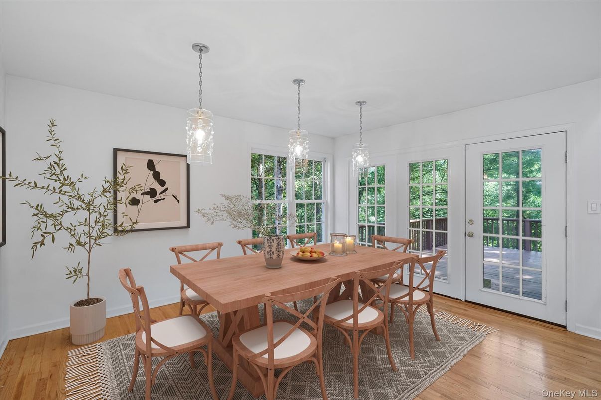 Dining room, Interior, Pendant Lights, Wood Texture Flooring