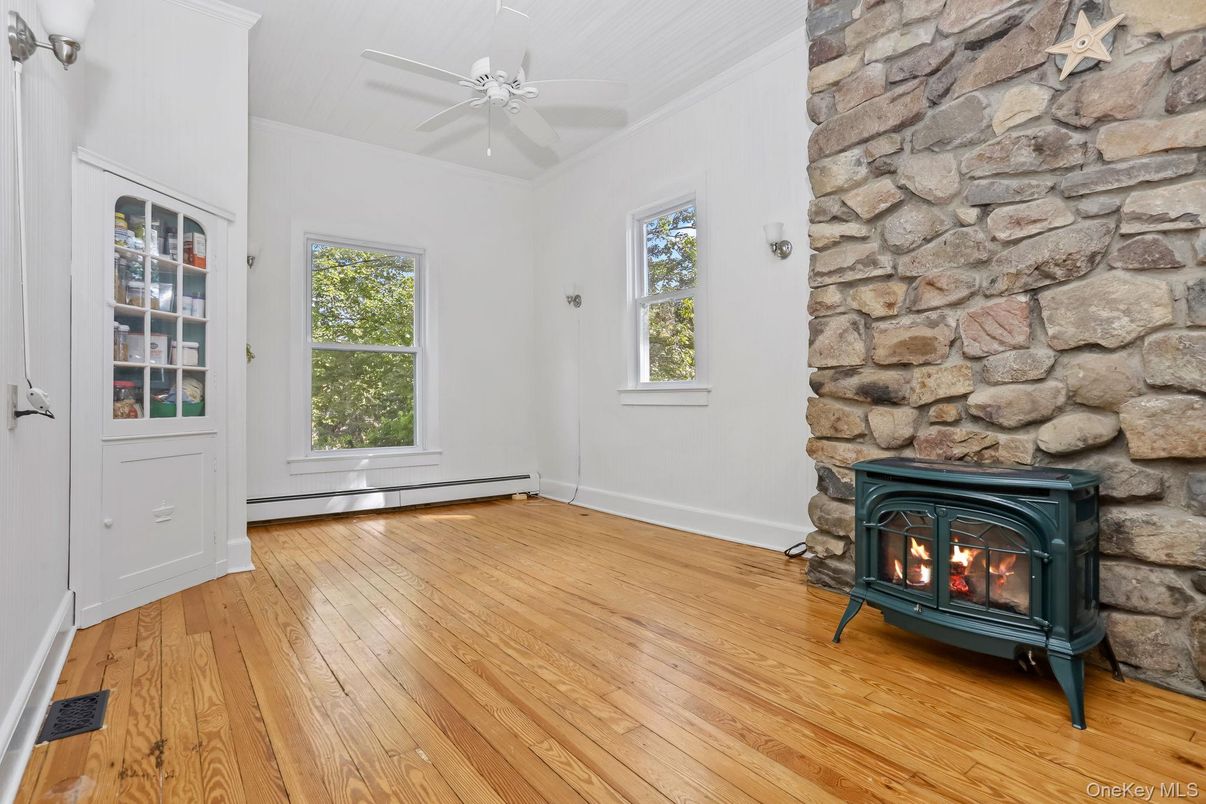 Empty room, Fireplace, Interior, Stone Walls, Wood Texture Flooring