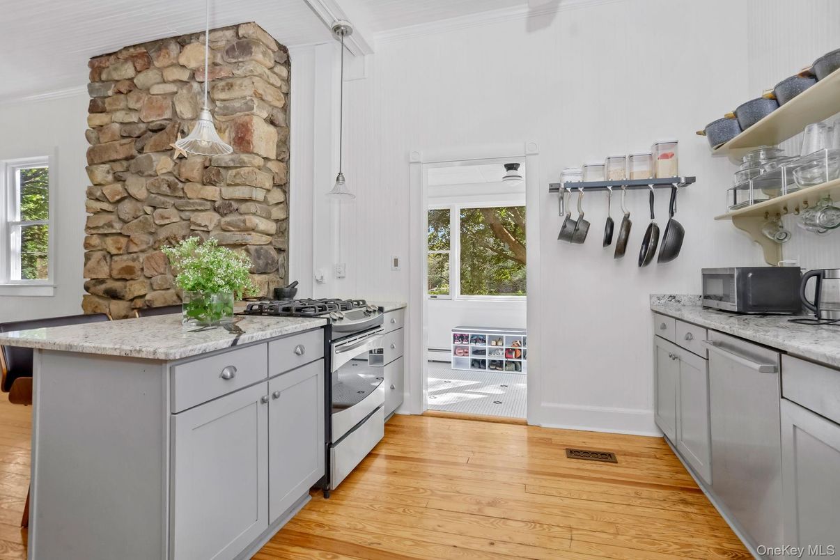 Interior, Kitchen, Pendant Lights, Stainless Steel Appliances, Stone Walls, Wood Texture Flooring