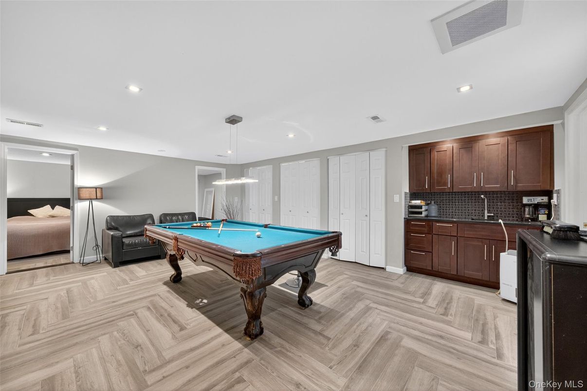Bedroom, Billiard Table, Game Room, Interior, Pendant Lights, Recessed Lighting, Wood Texture Flooring