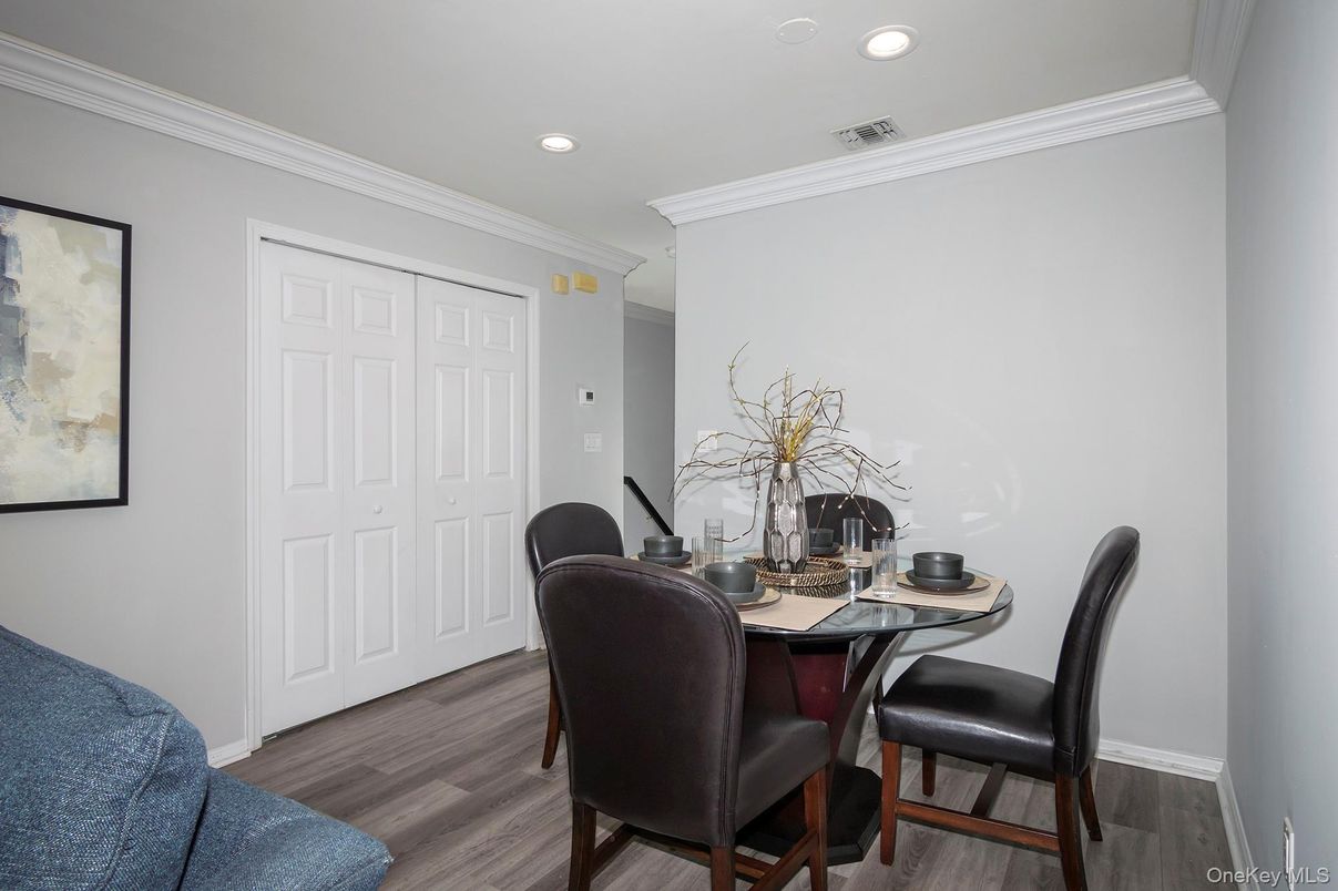 Dining room, Interior, Recessed Lighting, Wood Texture Flooring