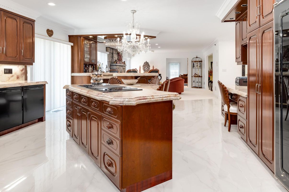 Chandelier, Interior, Kitchen, Marble, Recessed Lighting, Tile Countertops