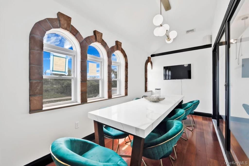 Dining room, Interior, Pendant Lights, Wood Texture Flooring