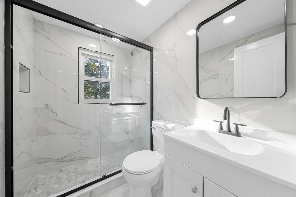 Bathroom, Glass Shower, Interior, Marble Walls, Recessed Lighting