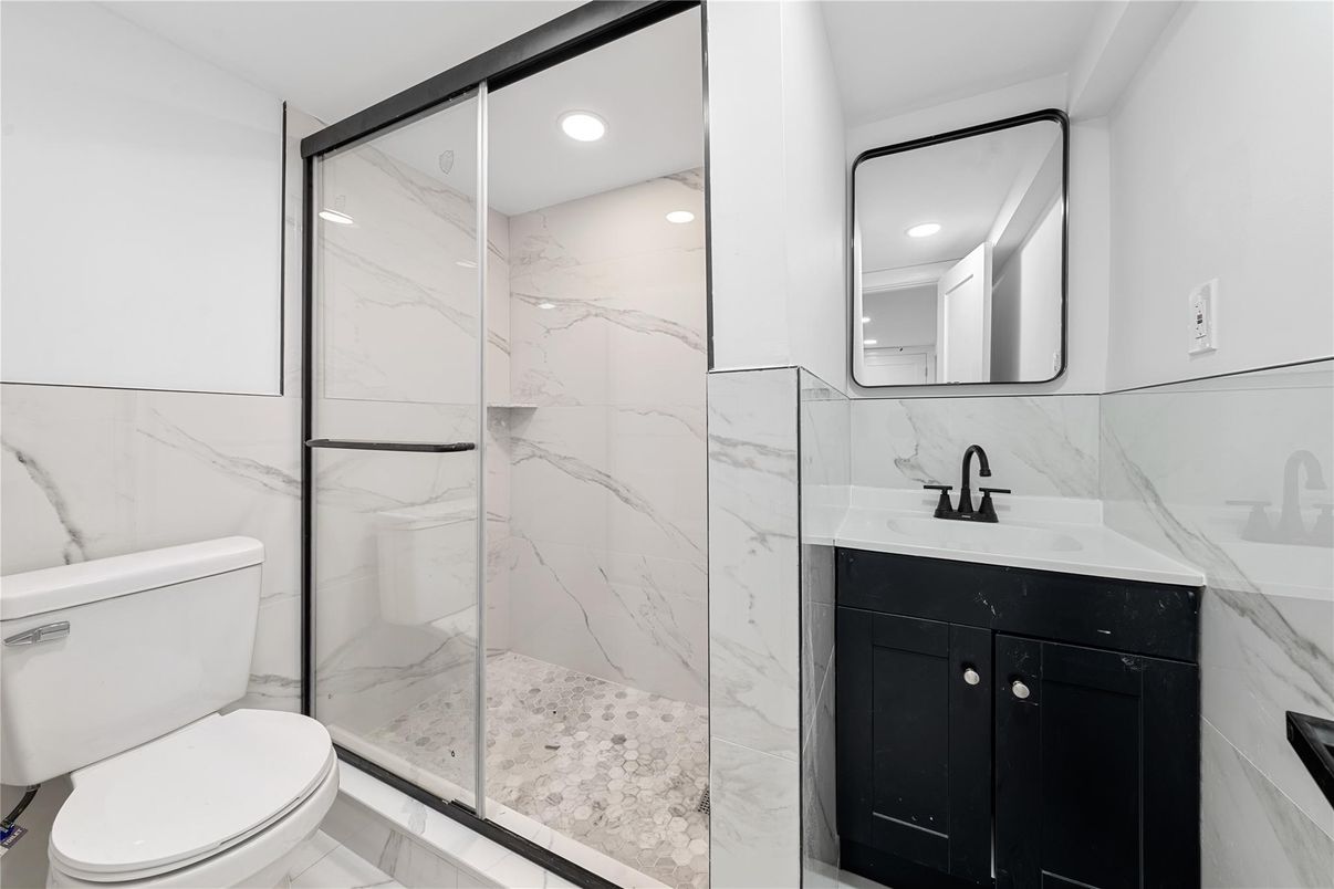 Bathroom, Glass Shower, Interior, Marble Walls, Recessed Lighting