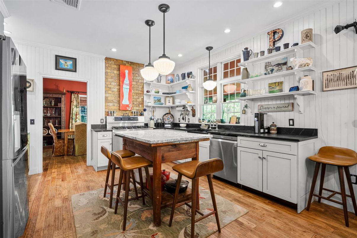 Interior, Kitchen, Pendant Lights, Recessed Lighting, Stone Walls, Wood Texture Flooring