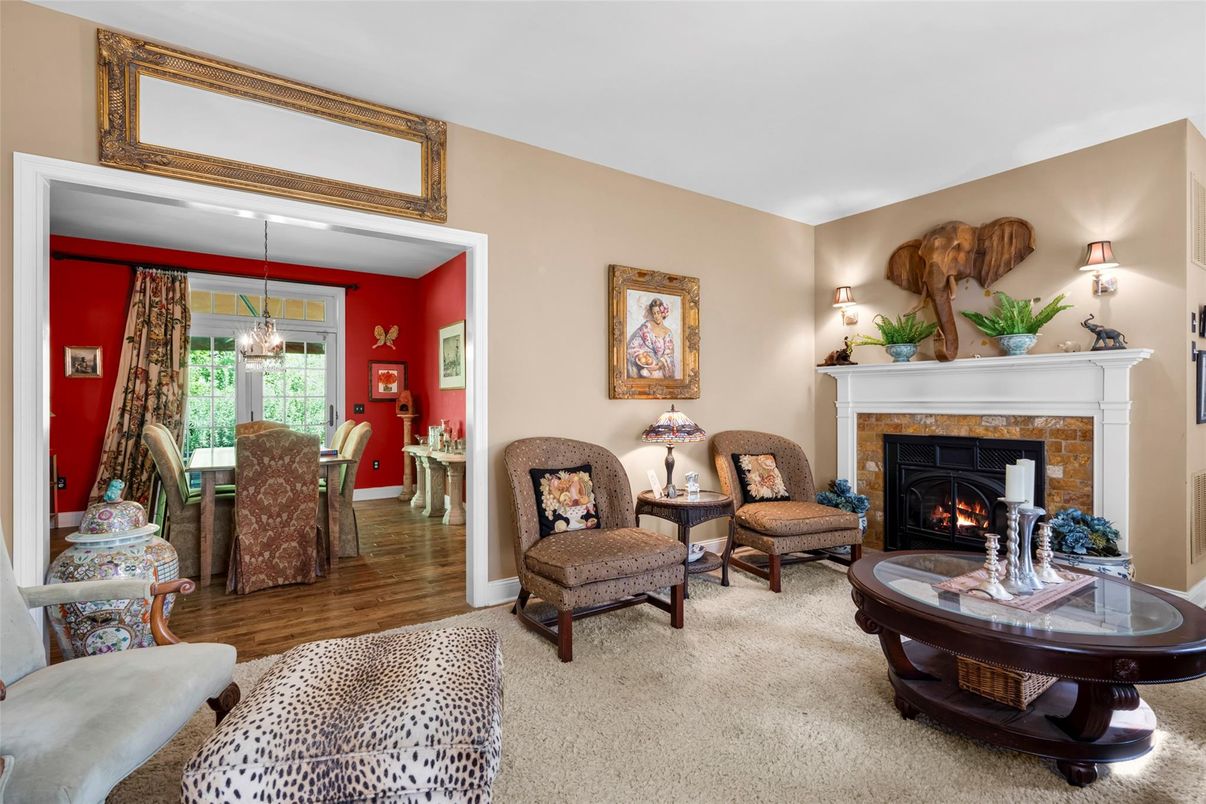 Dining room, Fireplace, Interior, Living room, Pendant Lights, Wood Texture Flooring