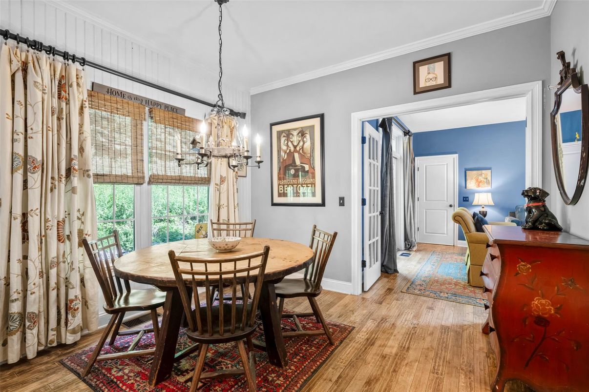 Chandelier, Dining room, Interior, Pendant Lights, Wood Texture Flooring