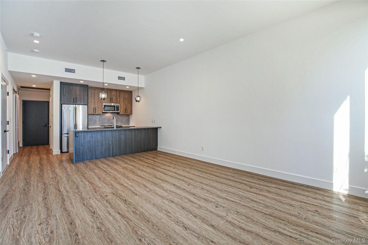 Empty room, Interior, Kitchen, Pendant Lights, Recessed Lighting, Stainless Steel Appliances, Wood Texture Flooring