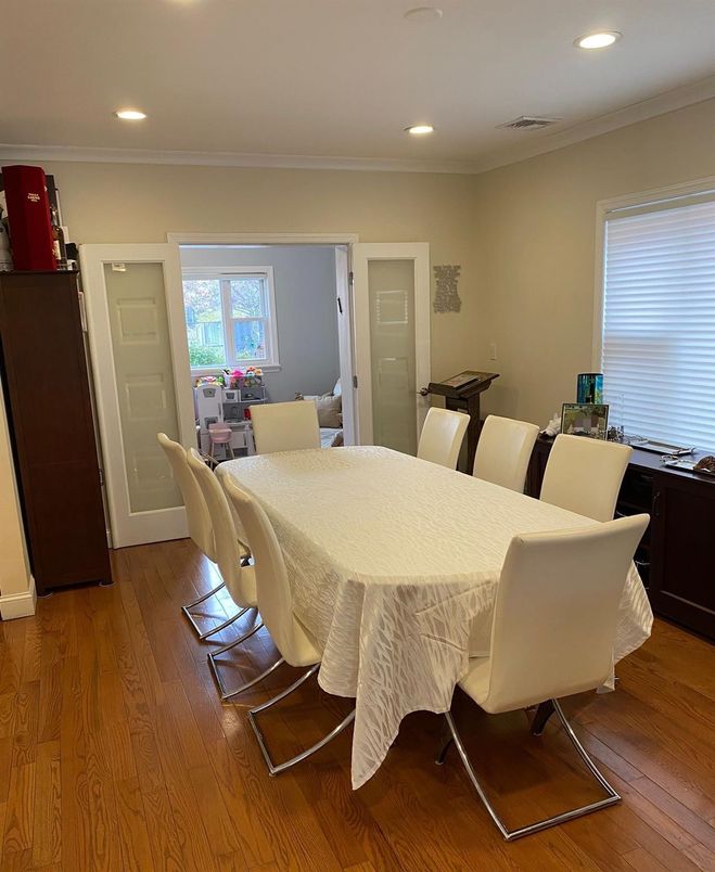 Dining room, Interior, Recessed Lighting, Wood Texture Flooring