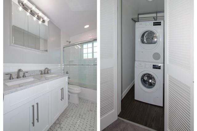 Bathroom, Dual Sink Vanities, Glass Shower, Interior, Recessed Lighting, Utility Closets, Washer, Wood Texture Flooring