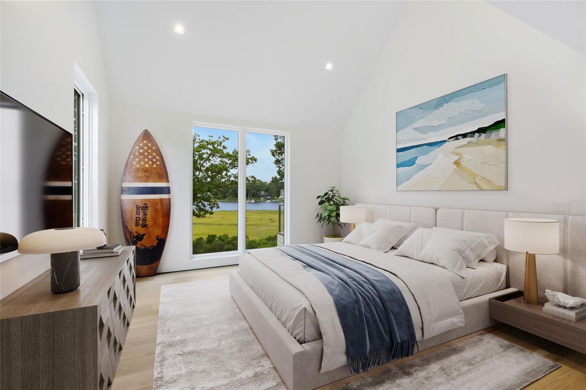 Bedroom, Interior, Recessed Lighting, Water, Wood Texture Flooring