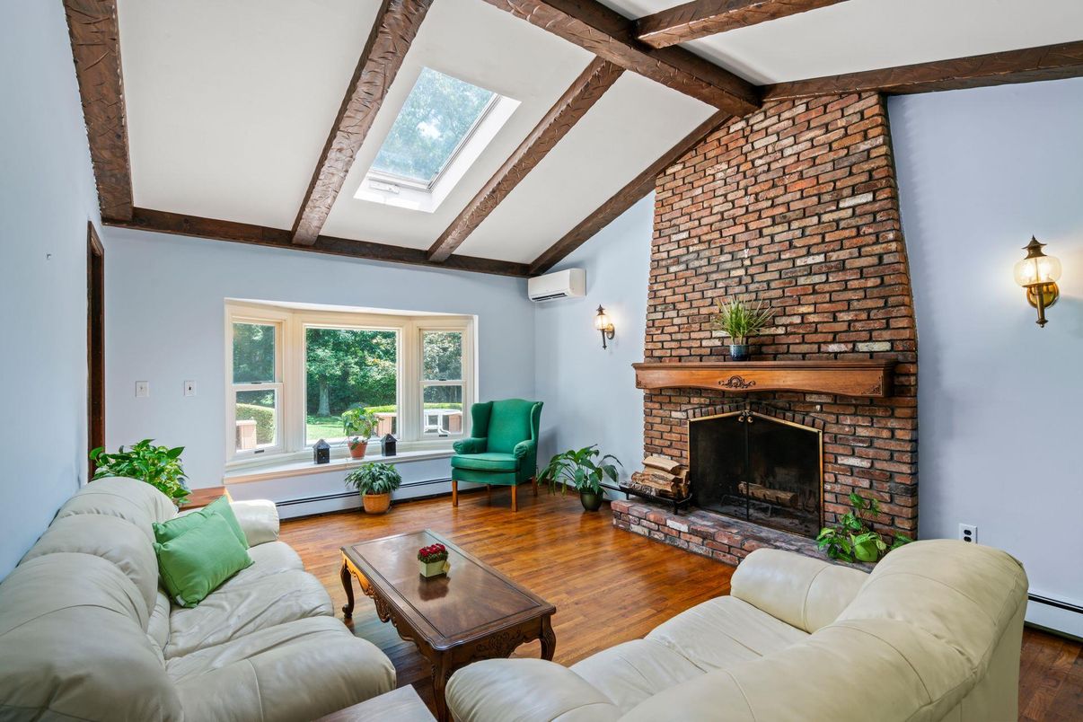 Fireplace, Interior, Living room, Stone Walls, Wooden Beams, Wood Texture Flooring