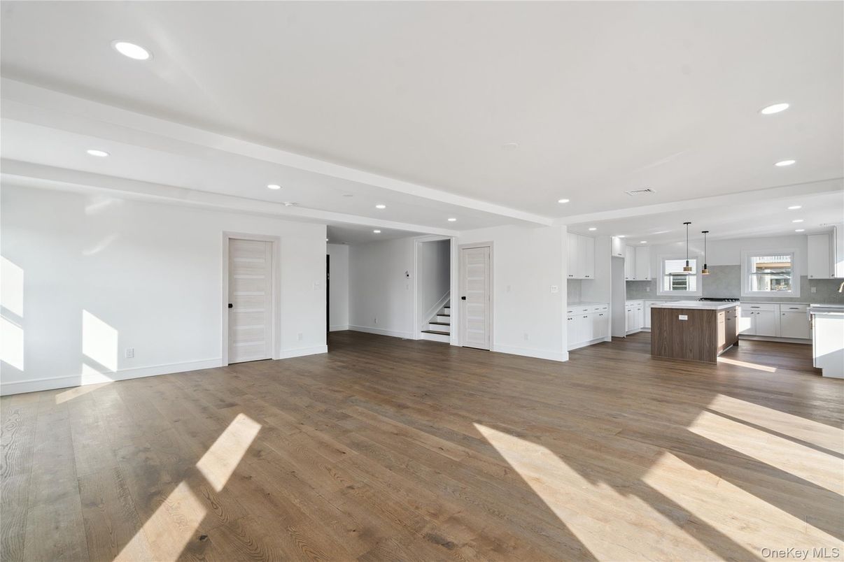 Empty room, Interior, Kitchen, Pendant Lights, Recessed Lighting, Wood Texture Flooring