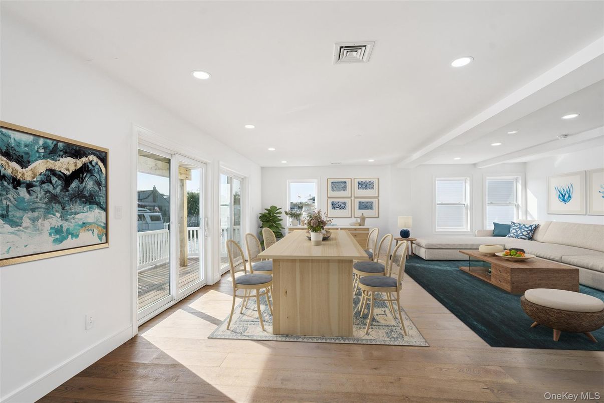 Dining room, Interior, Living room, Recessed Lighting, Wood Texture Flooring