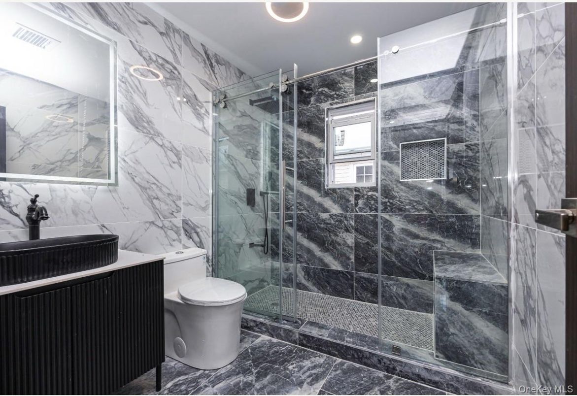 Bathroom, Glass Shower, Interior, Marble Walls, Recessed Lighting