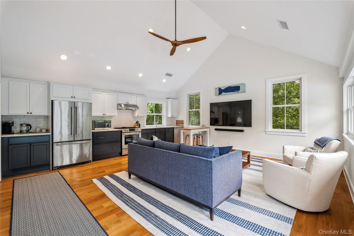Interior, Kitchen, Living room, Recessed Lighting, Stainless Steel Appliances, Wood Texture Flooring