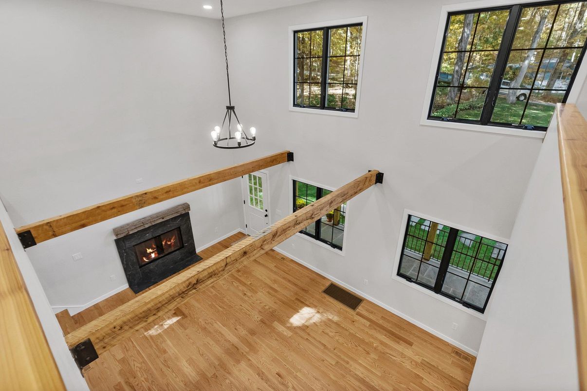 Fireplace, Interior, Pendant Lights, Recessed Lighting, Wood Texture Flooring