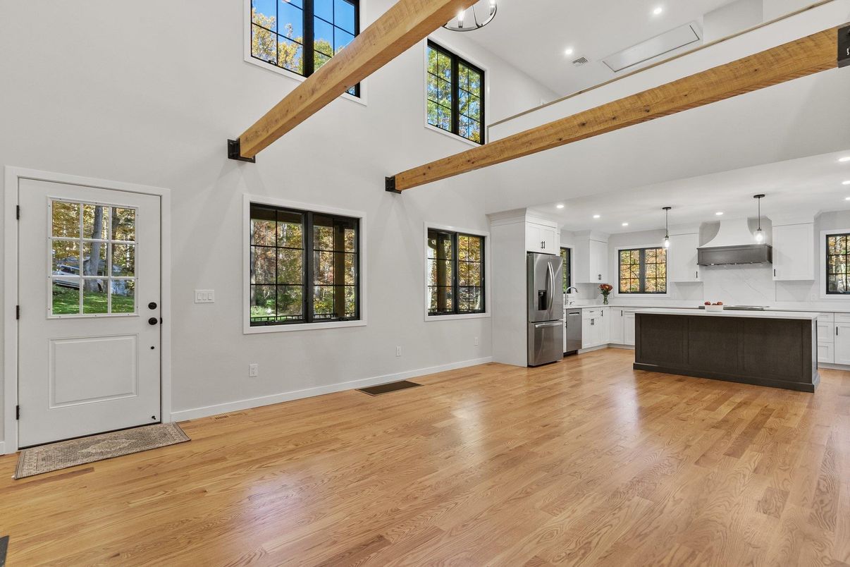Interior, Kitchen, Pendant Lights, Recessed Lighting, Stainless Steel Appliances, Wooden Beams, Wood Texture Flooring