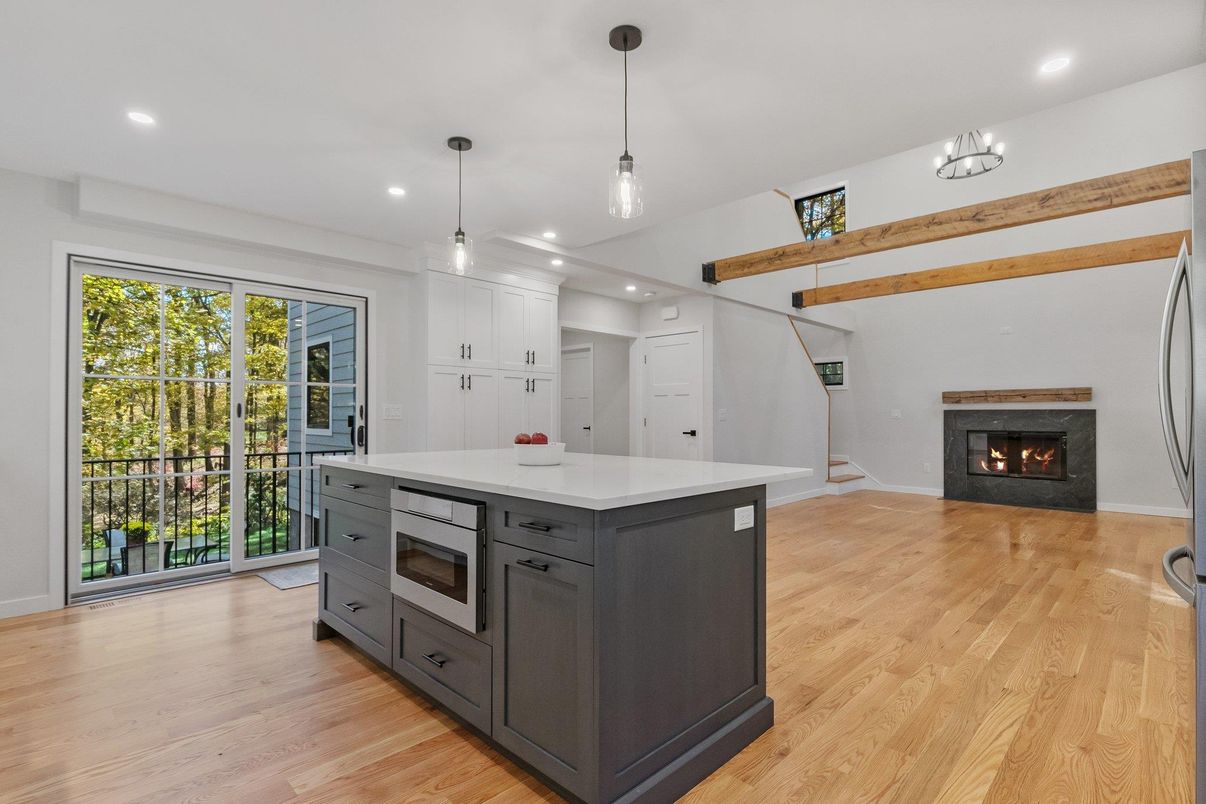 Fireplace, Interior, Kitchen, Pendant Lights, Recessed Lighting, Wooden Beams, Wood Texture Flooring