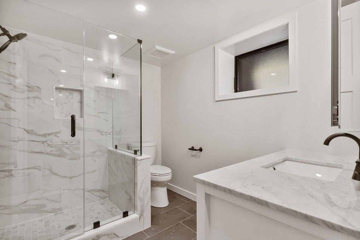 Bathroom, Glass Shower, Interior, Marble Walls, Recessed Lighting