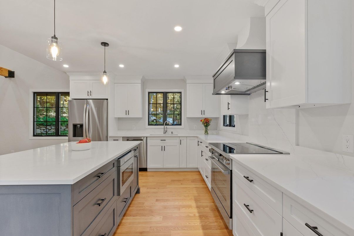 Interior, Kitchen, Pendant Lights, Recessed Lighting, Stainless Steel Appliances, Wood Texture Flooring