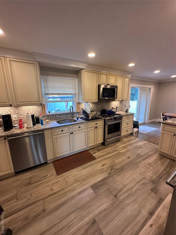Interior, Kitchen, Recessed Lighting, Stainless Steel Appliances, Wood Texture Flooring